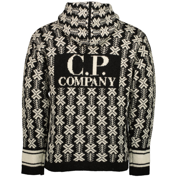 C.P. Company | Wool Jacquard Logo Hooded Knit - Black/White